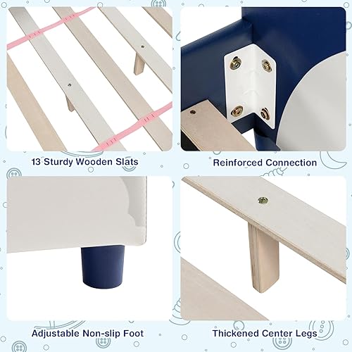Miniatura 7 de Costzon Armazones de Cama Individual para Niños, Plataforma de Cama Individual Tapizada de Madera con Soporte de Listones, Cabecera y Pie de Cama