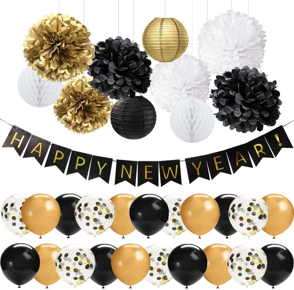 41 PCS Happy New Year Decorations Black Gold Happy New Year Banner 12 Inch Latex Balloons Tissue Pom Poms Flowers Paper Lanterns for New Years Eve Party Decorations 2021
