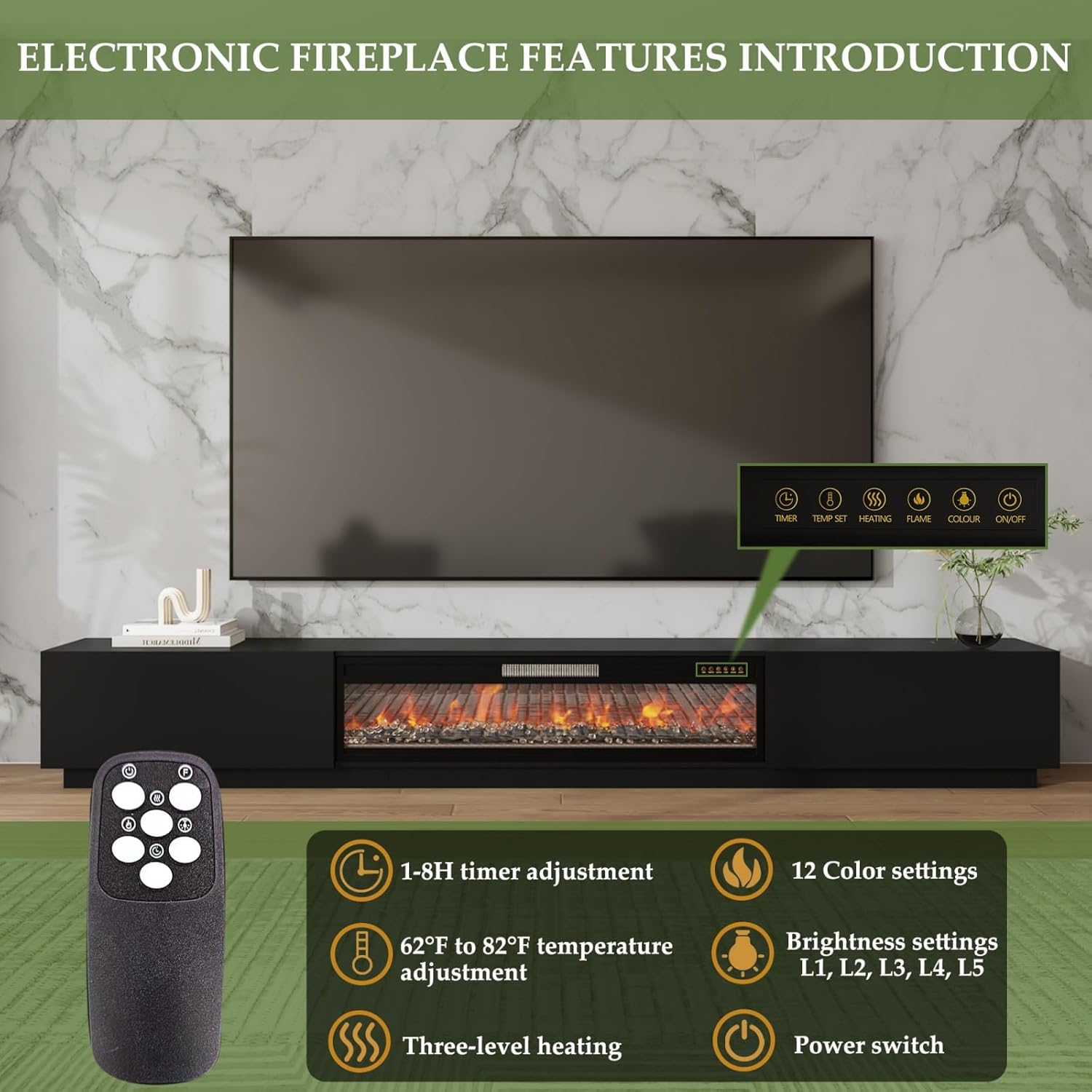 109 Inch Electric Fireplace TV Stand for 100+ Inch TV, Extra Wide Fireplace Entertainment Center with 46" Large Fireplace and 12-Color LED Lights, Modern Media Console with 2 Drawers, Black