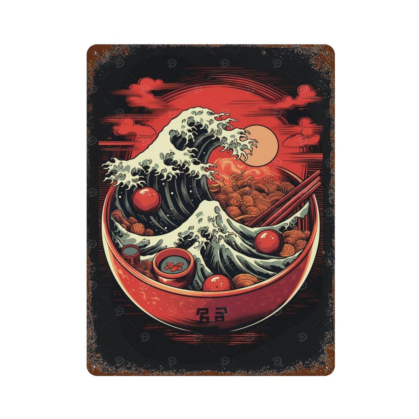 Retro Metal Sign with Great Wave of Ramen Design 15.7"x11.8", for Bistro, Counter And Cafe Decor, Shabby Chic Decor