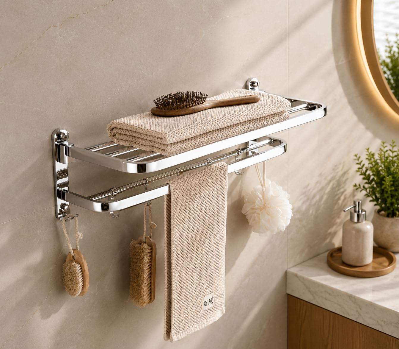 OSLEN Stainless Steel Dual Foldable Towel Rack for Bathroom Wall Mounted/Towel Stand/Adjustable Towel Hooks and Towel Bar/Hanger/Bathroom Accessories (Mirror Finish) 4