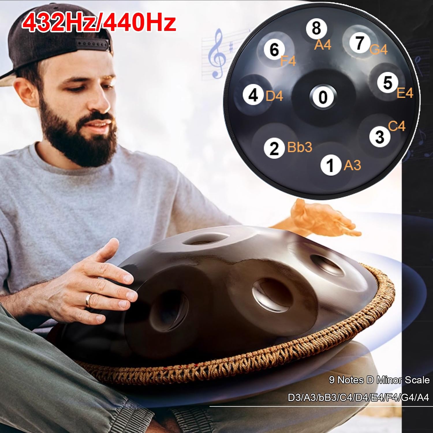 Tamburo in Acciaio a 432 Hz 440Hz 9 Note da 22 Pollici in Re Minore Tamburo Per Handpan per la guarigione del suono la meditazione del personale(Purple,440Hz)