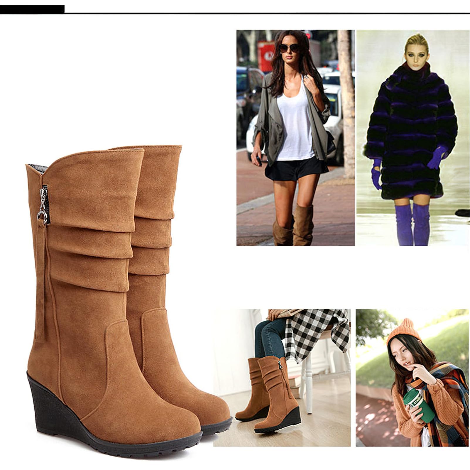 rismart Botas Slouch Mujer Media Pantorrilla Tacón Cuña Forro Fino de Piel Ante Zapatos de Invierno