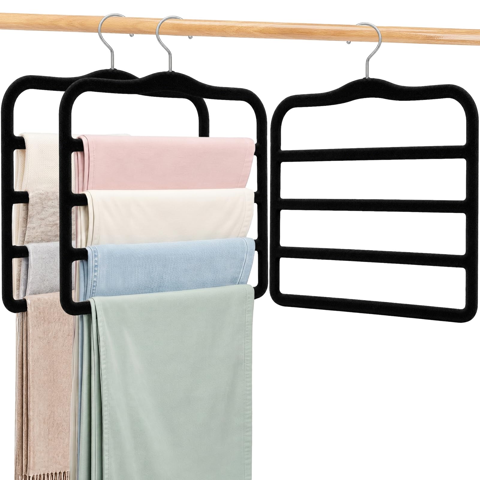 Perchas de terciopelo de 4 niveles, paquete de 2 organizadores de armario multicapa resistentes y almacenamiento, perchas negras que ahorran espacio para jeans, leggings, bufandas, faldas