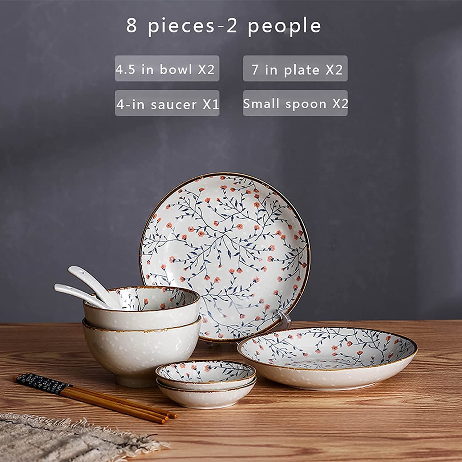 Porcelanowa zastawa stołowa, zestaw zastawy stołowej do domu lub specjalnej restauracji, 8-częściowy zestaw ceramicznych naczyń stołowych w stylu retro, serwis dla 2 osób, zestaw talerzy do sałatek