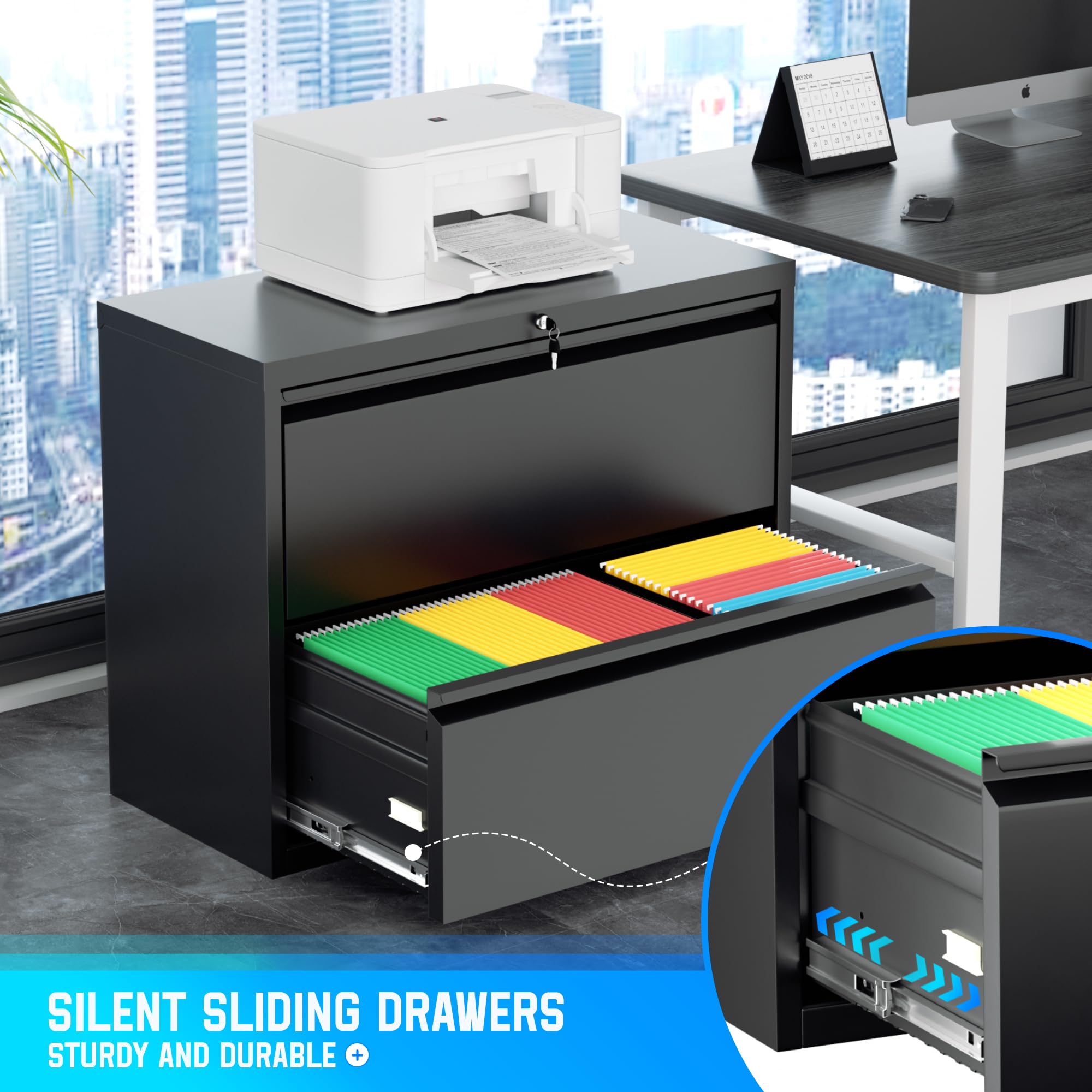 Greenvelly 2 Drawer File Cabinet, Black Metal Lateral File Cabinet with Lock, Office Filing Cabinet for Legal/Letter/A4/F4 Size with Hanging Files&Key, Lockable File Cabinets for Home Office