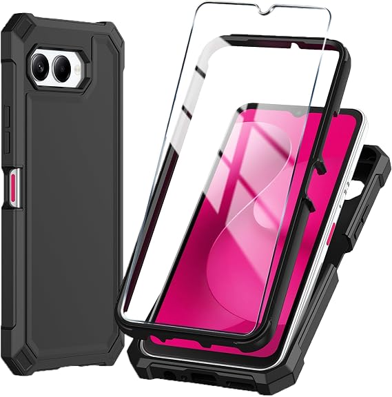 for T-Mobile REVVL 8 Phone Case with Tempered Glass Screen Protector,Slim Soft Silicone Full-Body Protective Cover (Black)