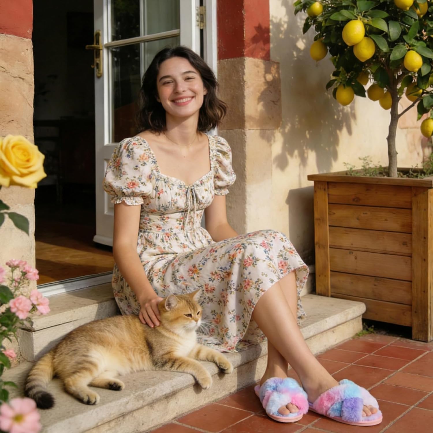 JIASUQI Women's Open Toe Slippers Fuzzy Fluffy House Slippers for Women Cozy Criss Cross Furry Slides Slippers - Image 2