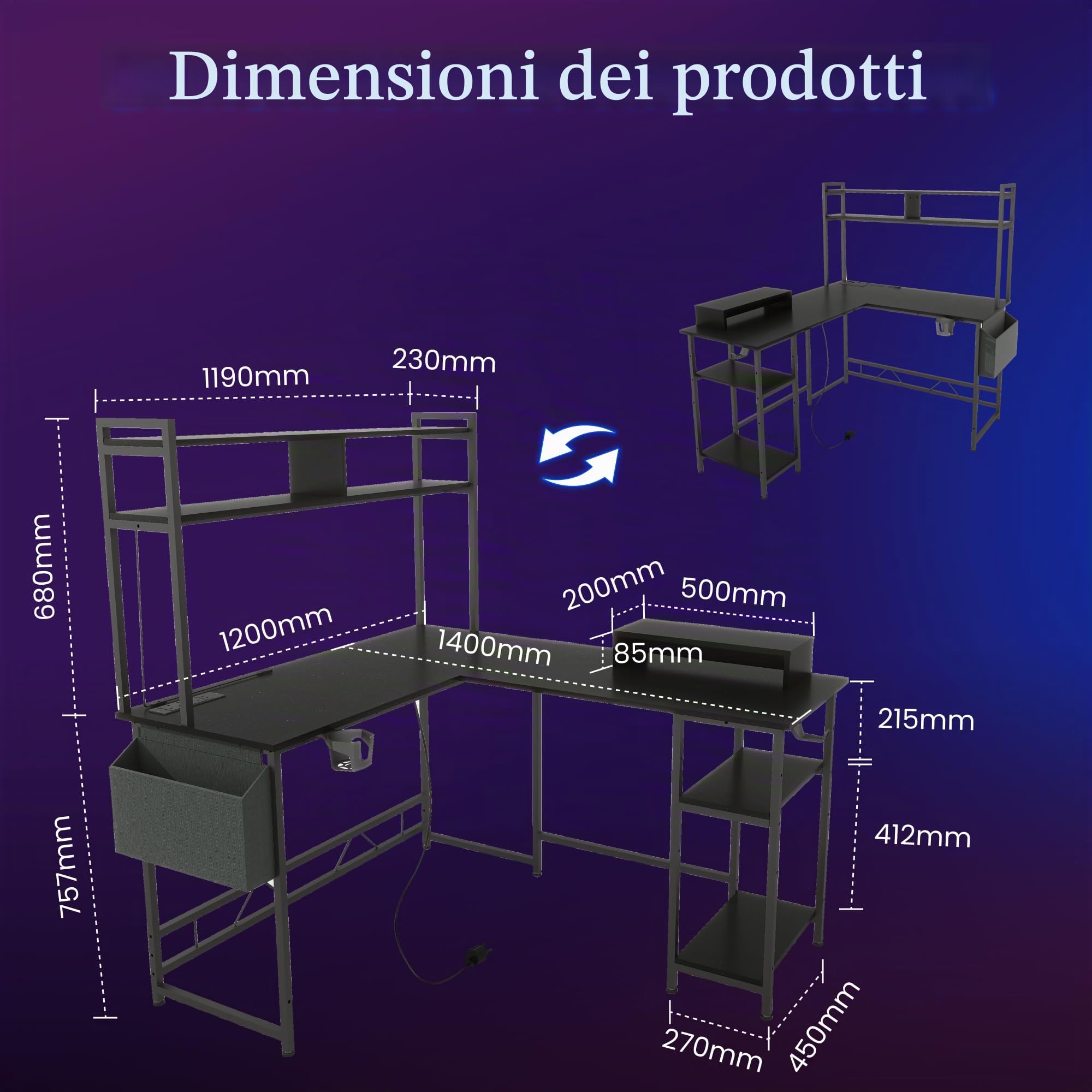 FLEXISPOT Scrivania Gaming Angolare LED 120x140 cm, Scrivania a L con Ripiani, Prese e Porte USB Integrate, Ganci e Portabicchieri, Tavolo Gaming Salvaspazio, Nero