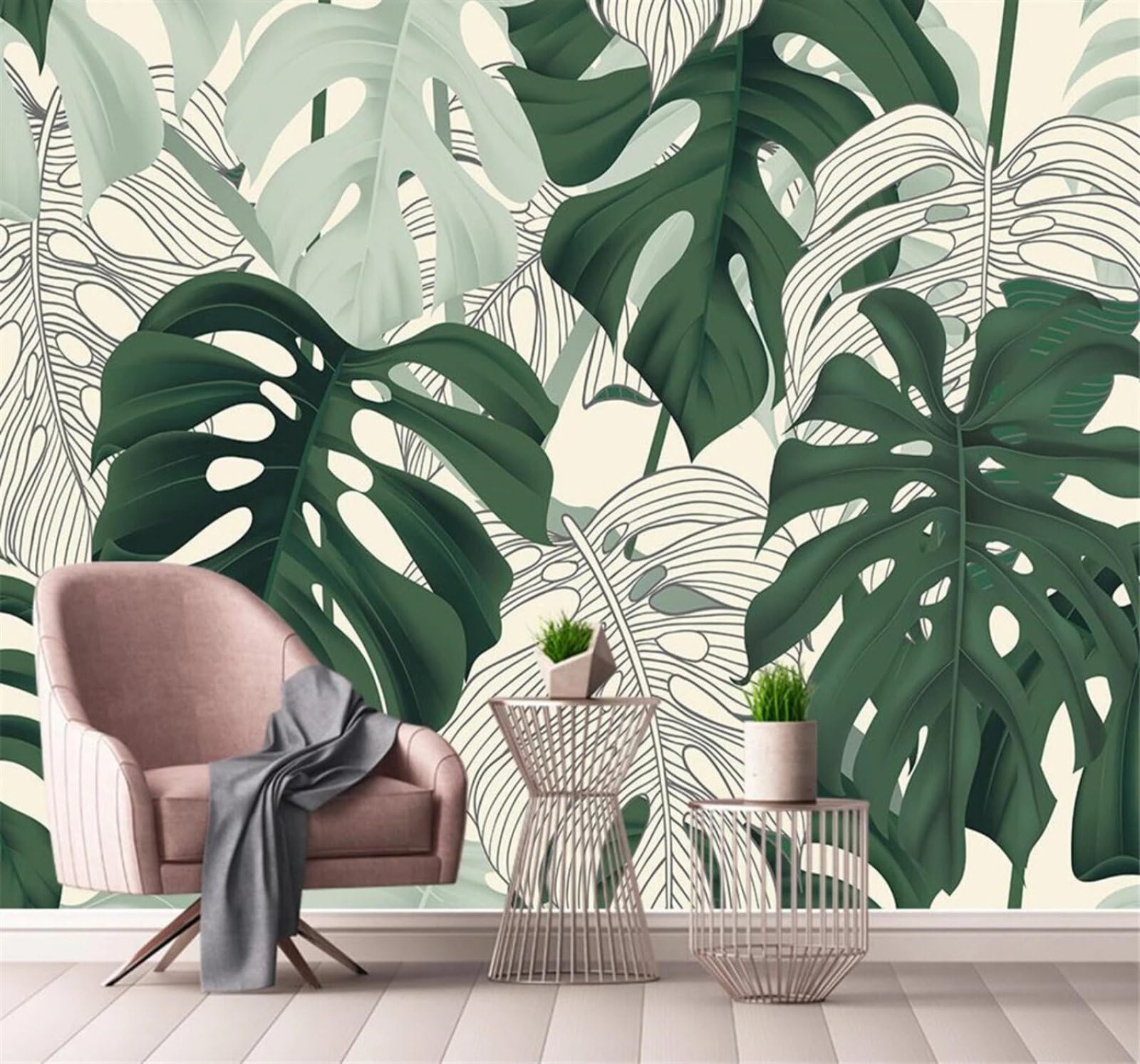 Minimalist Hand Drawn Tropical Plants and Leaves 3D Wallpaper Easy Install Feature Office Living Room Sofa Bedroom TV Background Wall Decoration-400cm×280cm