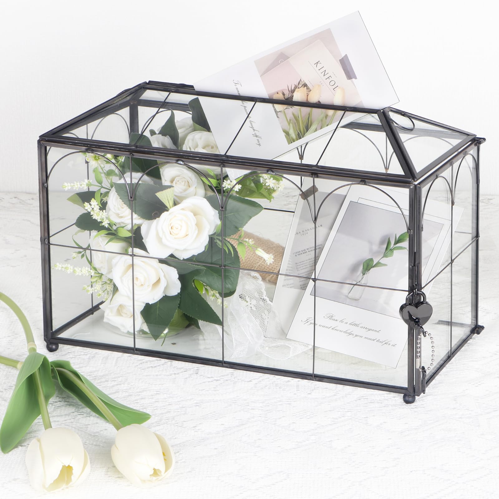 lokeisna Wedding Card Box Large: 12.6" x 6" x 9.1" Black Wedding Envelope Box with Lock and Slot, Glass Card box for Wedding Reception, Multi function Handmade Makeup Box Jewelry box for Storage Box