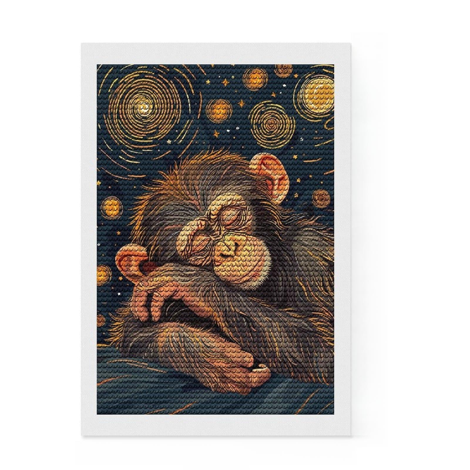 Junmoney Sleeping Chimpanzee in Starry Night Style Diamond Painting Kit 8"x12", Decorate Your Room, Easy to Follow Symbols, Full Kit Included, Office Decor