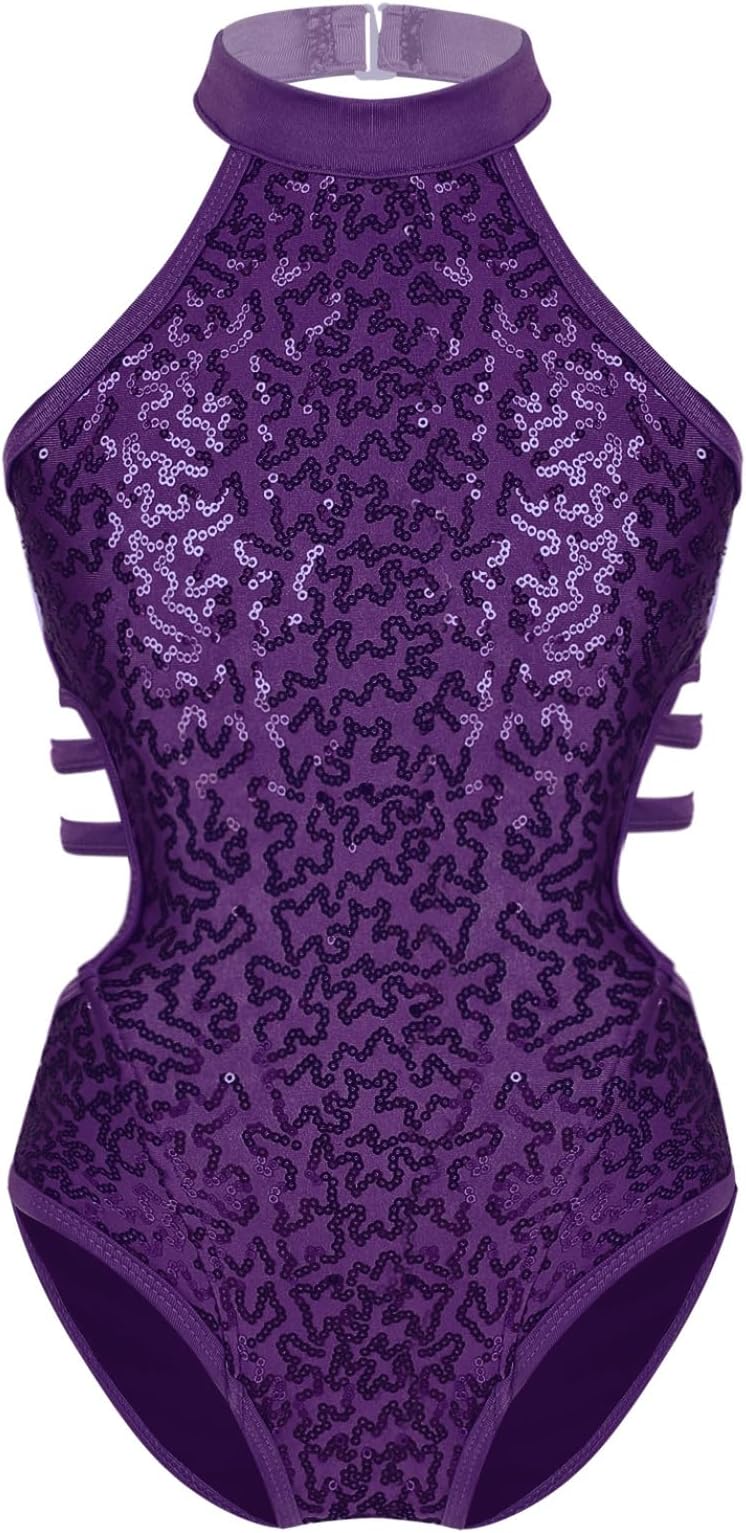 Hedmy Kids Girls Sparkly Sequins Ballet Dance Leotard Halter Bodysuit Cutout Back Gymnastics Costume Dancewear