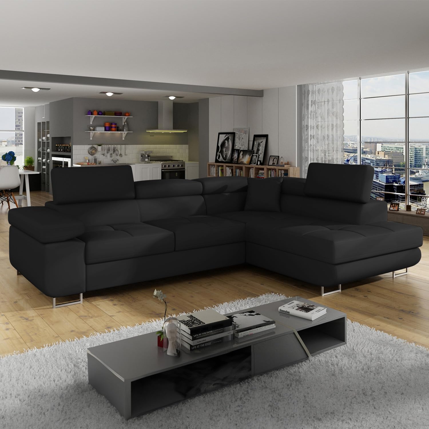 INTENSE DECO Canapé d'angle Droit Convertible Marius Noir