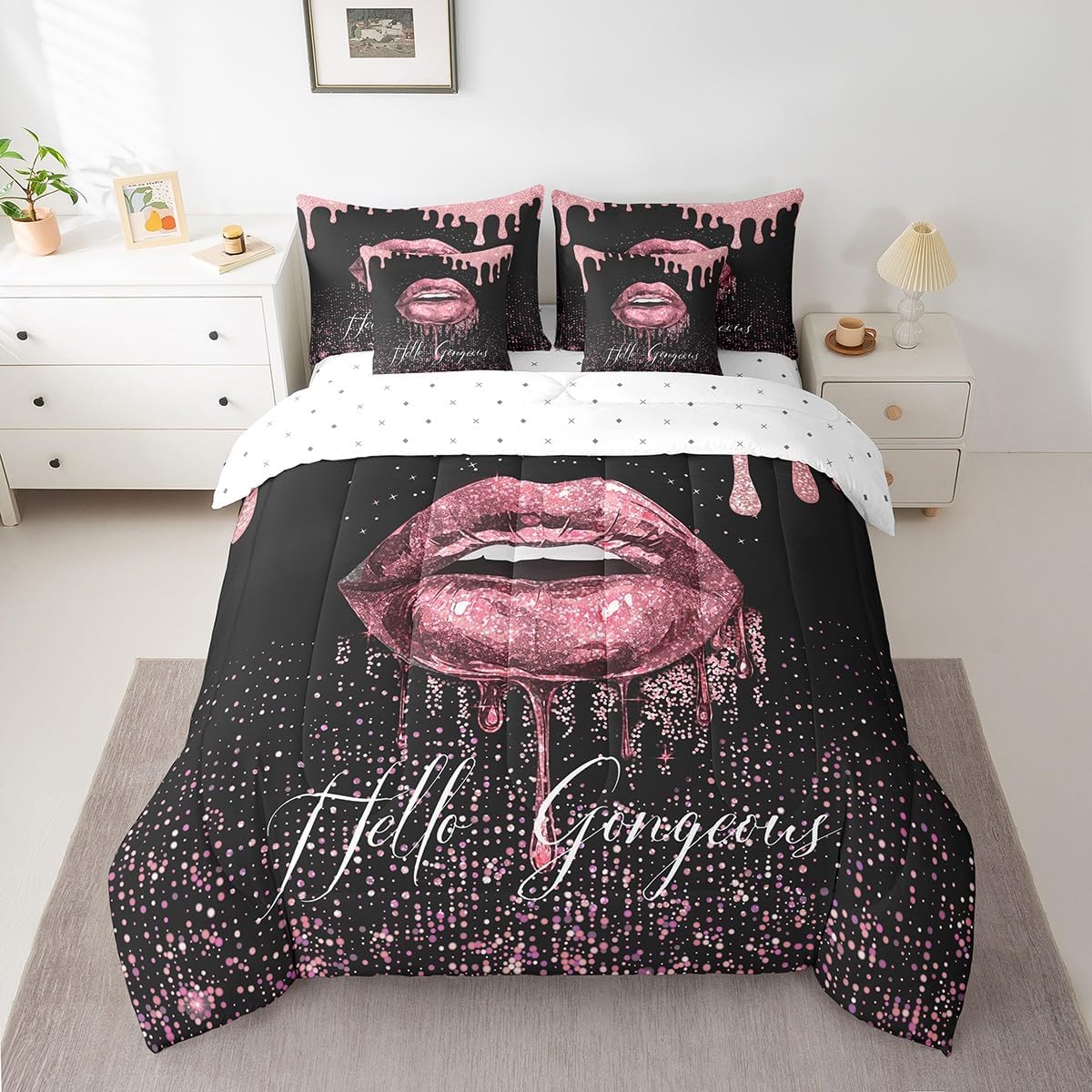 Manfei 7 Pieces Pink Lips Comforter Set Twin, Pink Glitter Print Bed Set for Kids Boys Girls, Sexy Mouth Print Bedding(1 Comforter,1 Fitted Sheet,1 Flat Sheet,2 Pillowcases,2 Throw Pillow Cover)