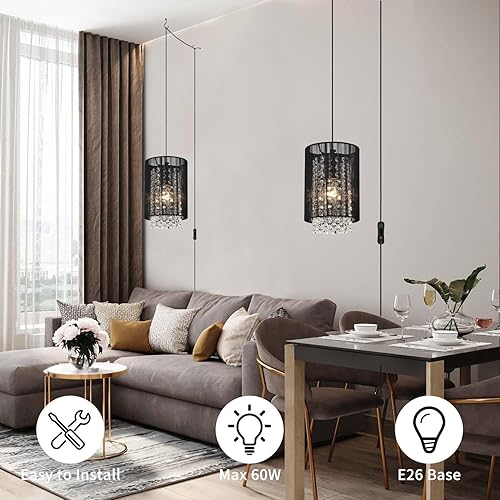 Miniatura 36 de Lámpara de techo colgante negra de 3 luces, mini candelabro, lámparas colgantes de techo ajustables, lámparas colgantes de cristal para isla