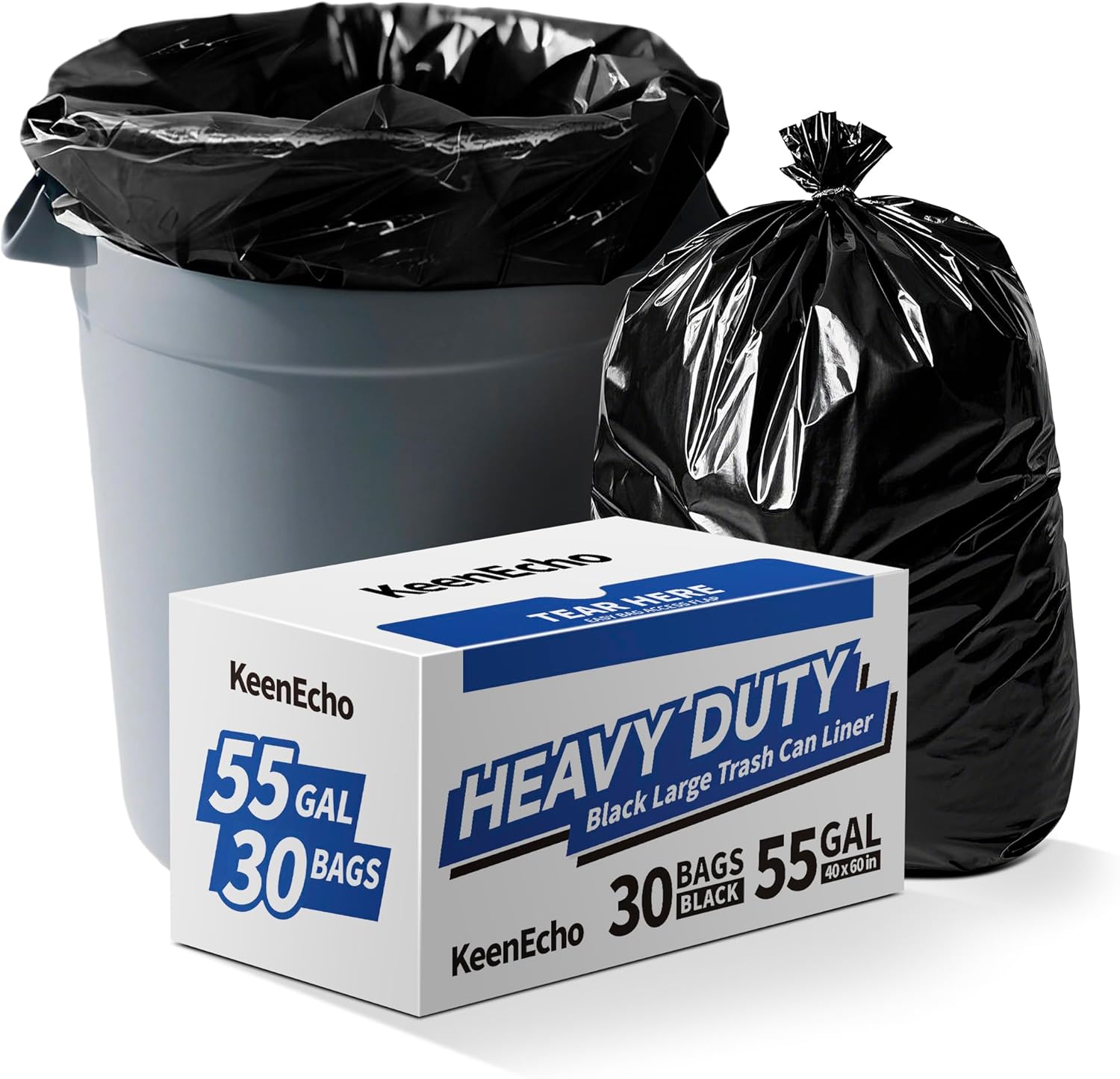 Heavy Duty Contractor Trash Bags 55-60 Gallon, 30 Count, 1.2Mil Extra Thick, Strong Black Garbage Bags, Leakproof Star Seal for Construction, Yard, Demolition Debris