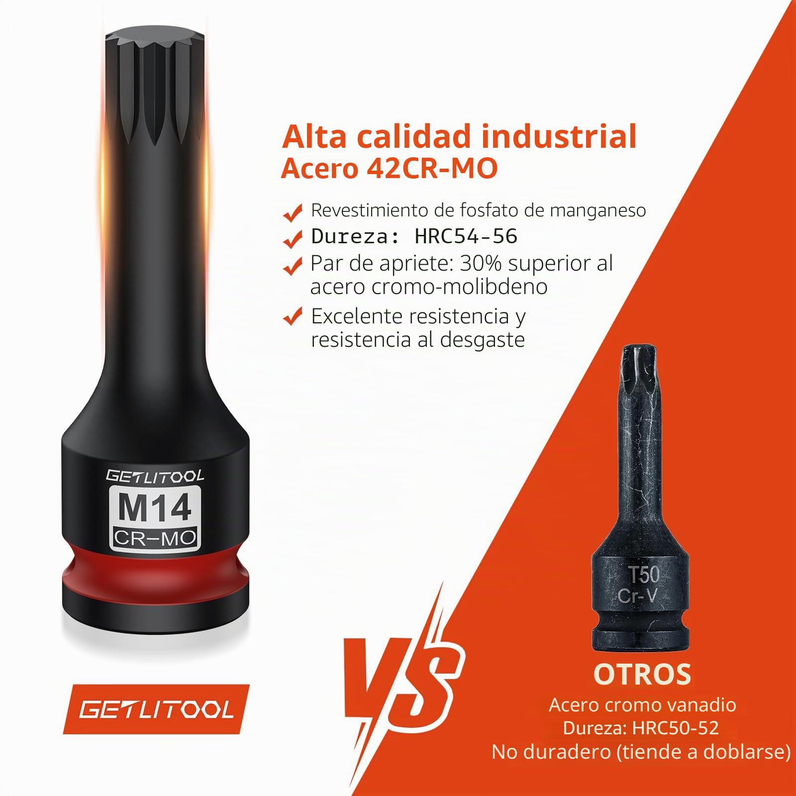 GETLITOOL Juego de 6 llaves de vaso Impact XZN M14-M18, 1/5.1 cm Drive CR-MO Impact XZN Triple Square Spline Bit Socket Set con tamaño marcado y caja de almacenamiento para reparación de automóviles