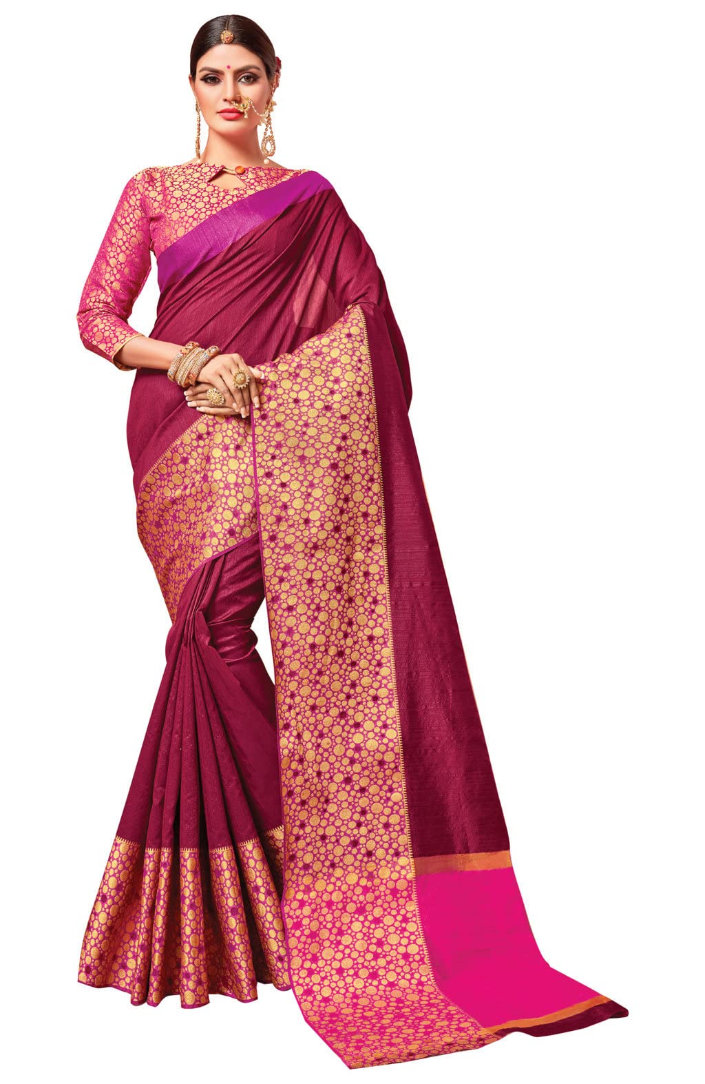 Sangam Prints Women's Crystal Silk Woven Zari Work Saree with Blouse Piece (SGCAD2-1003,Magenta)
