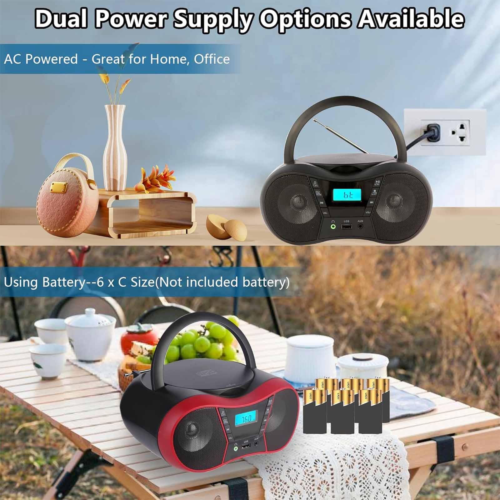 Boombox portatile con lettore CD con display LCD, cuffie, alimentazione a batteria, timer di spegnimento, AUX/USB/FM, connettività migliorata per un facile funzionamento