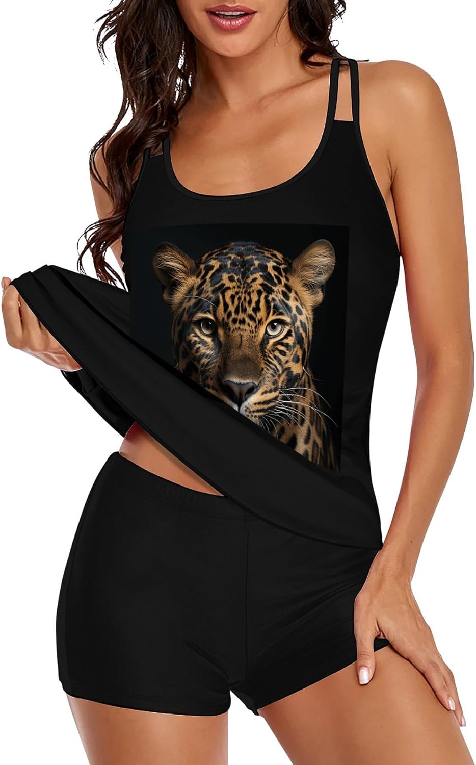 Leopard Tankini Swimsuits for Women Tummy Control Two Piece Bathing Suits Swim Tops with Boy Shorts