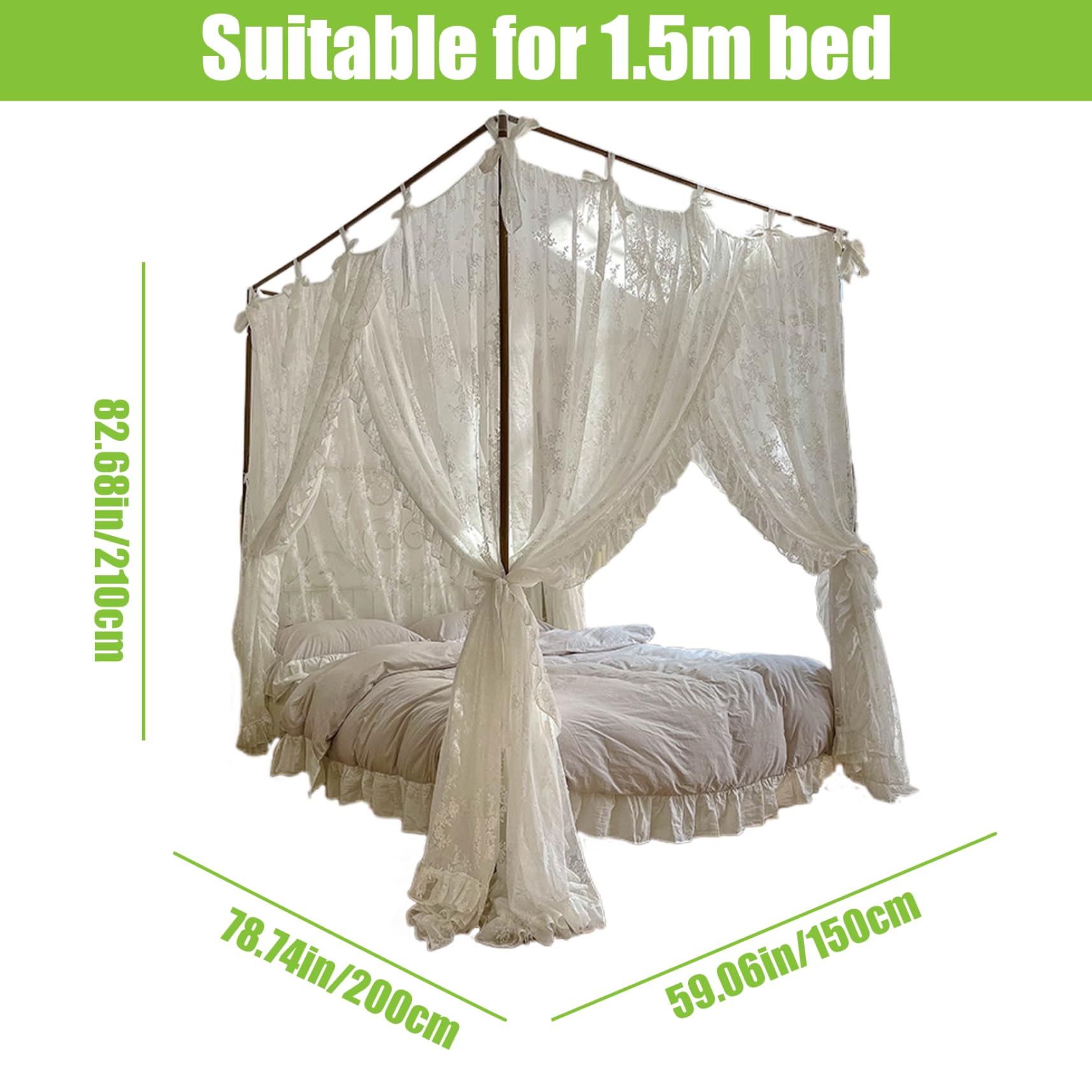 Himmelbett-Vorhänge, drei Öffnungen, Spitze, Prinzessinnen-Betthimmel, 4 Eckpfosten-Hängevorhänge mit Bändern, passend für 1, 5 m, romantische Schlafzimmerdekoration für Kinder, Teenager, Erwachs