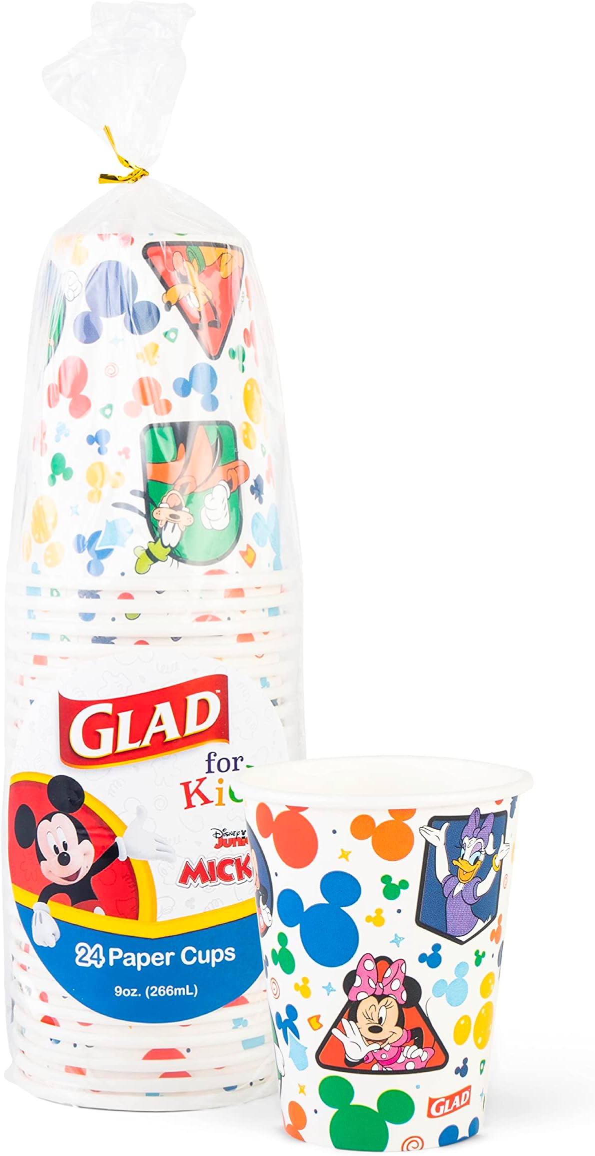 Glad for Kids Disney Mickey and Friends Disposable Paper Cups, Mickey Mouse - Heavy Duty Soak-Proof Kid-Friendly Drinking Cups, Great for Everyday Meals and Snacks, 9 oz, 24 Count
