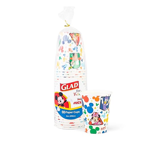 Glad Vasos de papel para niños de Disney Mickey and Friends de 9 onzas, tazas de papel de Mickey Mouse, tazas de aperitivos para niños, tazas de