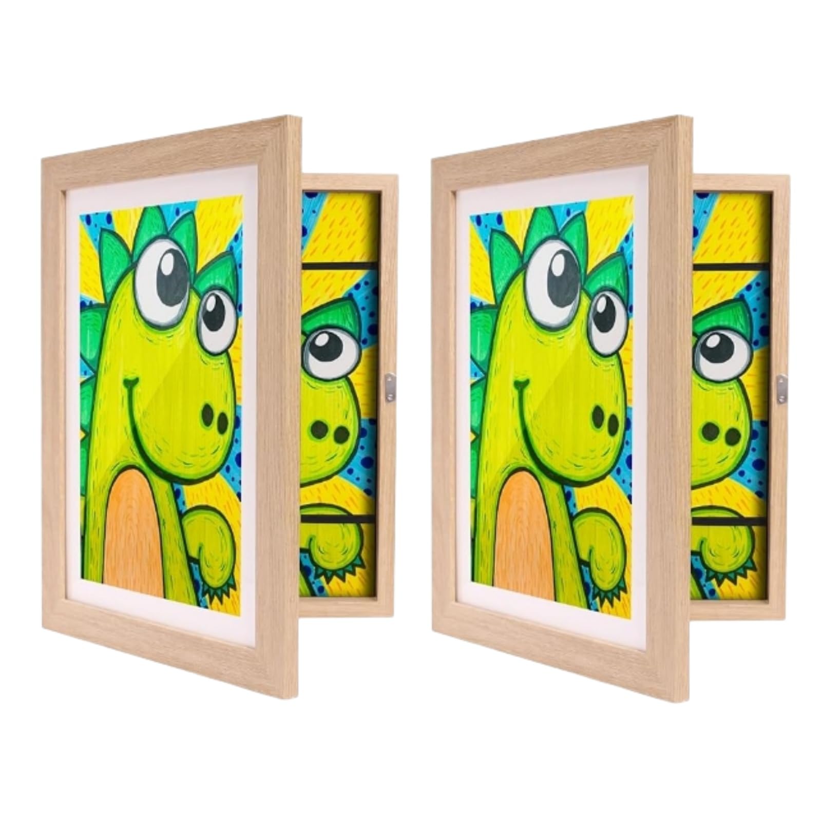 2 marcos de fotos para dibujos infantiles, arte infantil, marco de almacenamiento, apertura frontal (2 piezas de madera brillante)