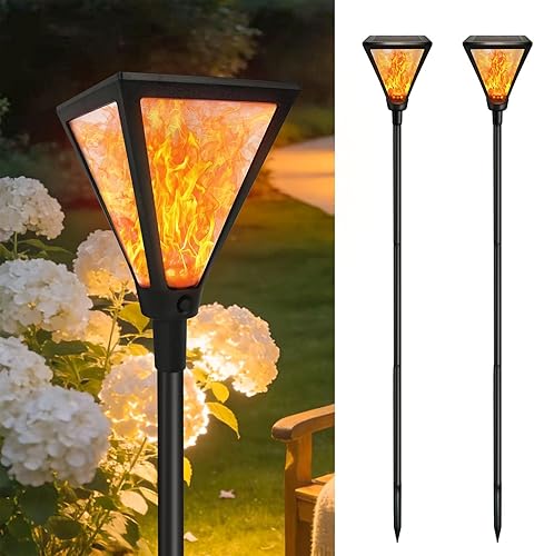 Luces solares extra altas mejoradas para exteriores, paquete de 2 luces solares de llama parpadeante con 61 pulgadas de alto y tamaño súper grande,