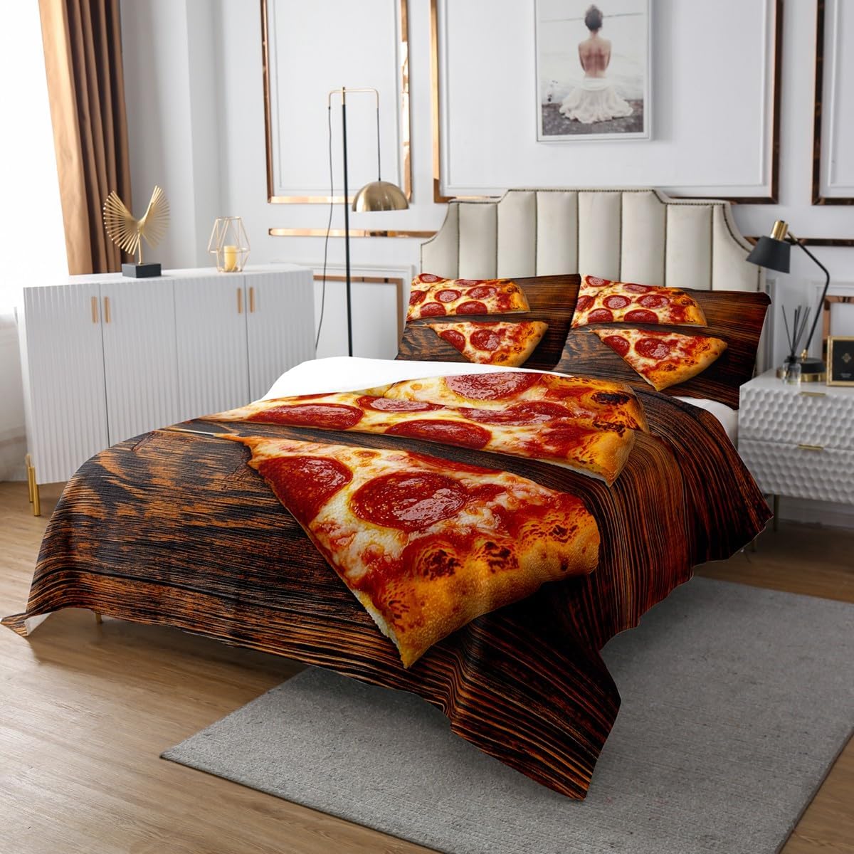 Erosebridal Pepperoni Pizza Bedspread Set Twin for Kids Adults,Sausage Pizza Quilt Set for Boys Girls Room Decor,Fast Food Themed Coverlet Set Realistic Funny Food Bedding Set