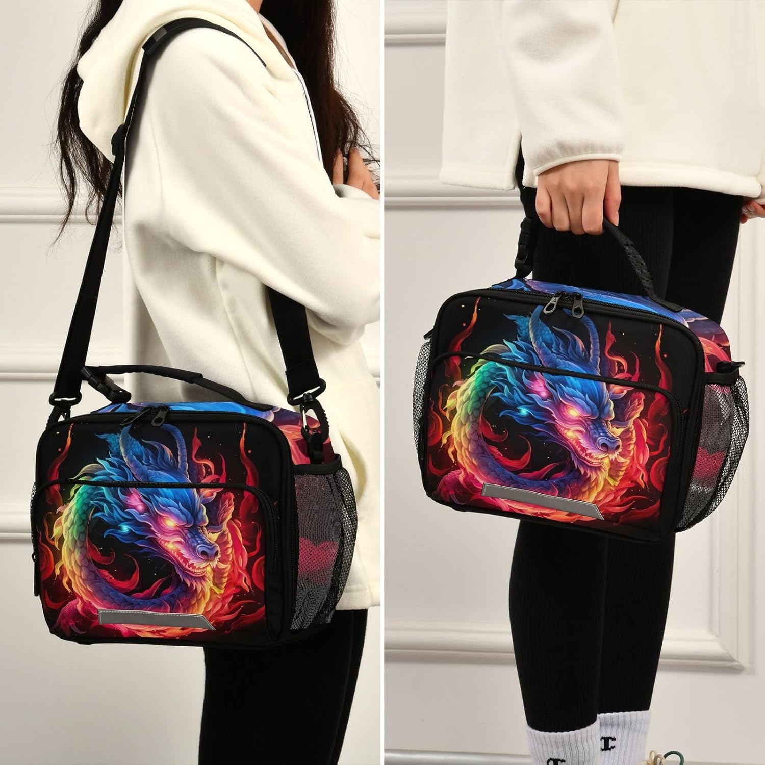 Blue Flame Dragon Kids Lunch Box Insulated Lunch Bags Cooler Tote Bag with Removable Shoulder Strap for Boy Girl Student 20847438 - Image 7