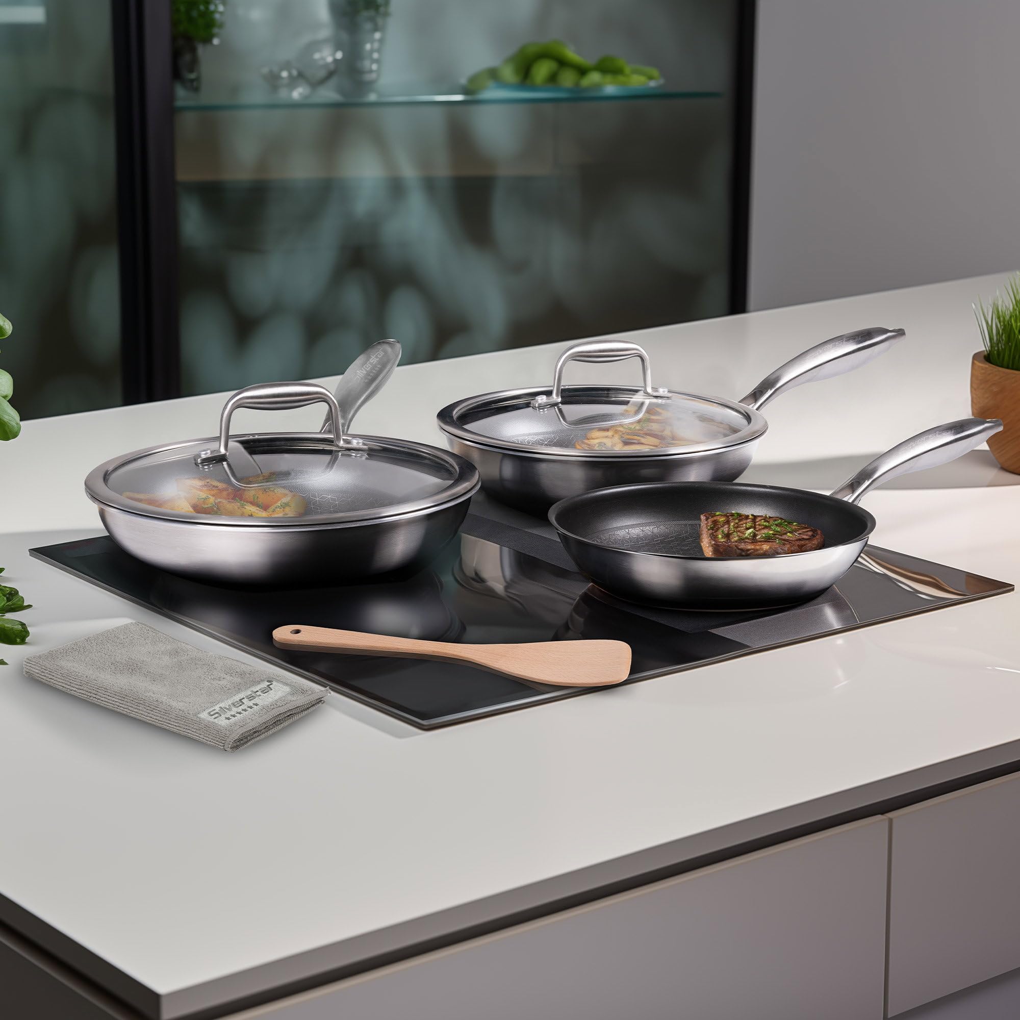 Silverstar Set di padelle in acciaio inox, 20/24/28 cm, con coperchio 24/28 cm, spatola a nido d'ape, antigraffio, antiaderente a induzione, struttura a nido d'ape, per tutti i piani cottura, forno,