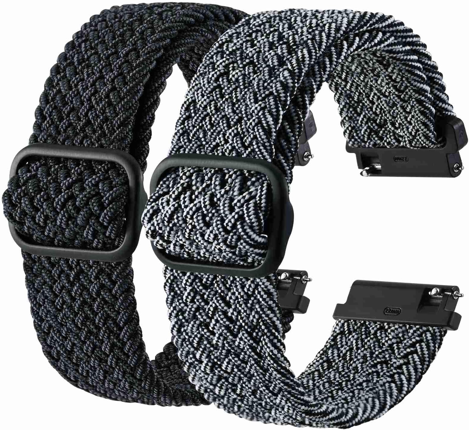 BISONSTRAP 2 Pack Braided Nylon Watch Bands, Upgrade Adjustable Buckle, Stretchy Loop Straps for Men and Women, Band Width 16mm 18mm 19mm 20mm 22mm 24mm