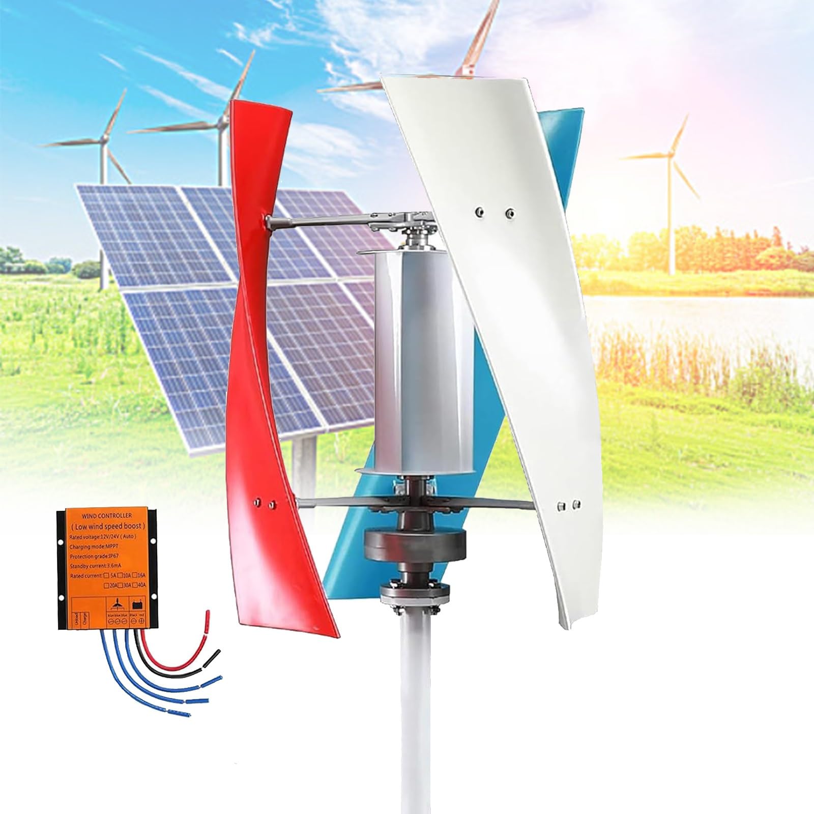 Zestaw turbin wiatrowych z regulatorem ładowania, pionowy system wytwarzania prądu, pionowa turbina wiatrowa 18000 W, zestaw do domu i pracy, kolorowy wiatrak 12 V z regulatorem, wydajne rozwiązanie