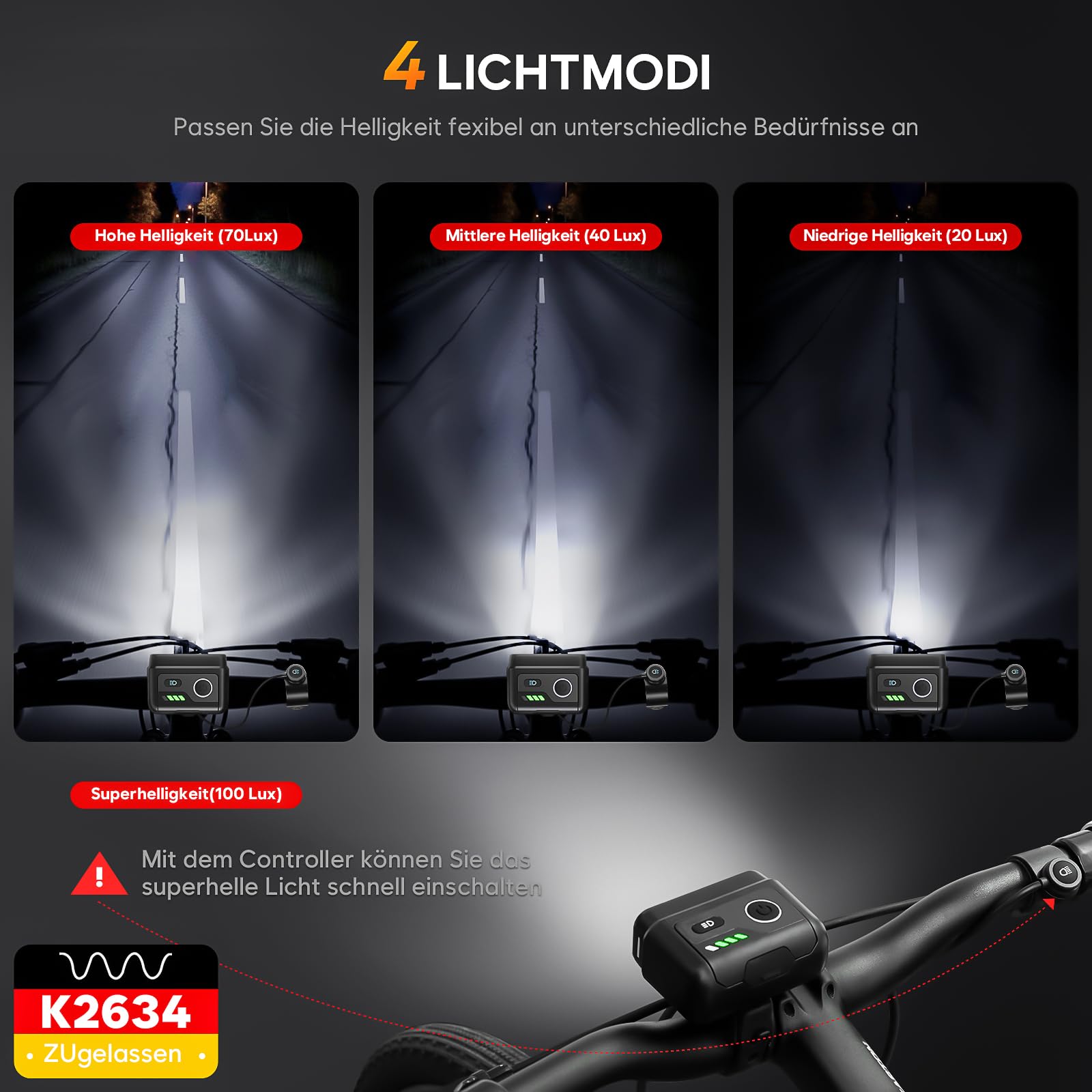 Fahrradlicht Set 100LUX, Fahrradrücklicht Mit Bremsfernlichtfunktion, Aufladbar Fahrradlampe mit 3200mAh Akku, StVZO zugelassen, IPX5 Wasserdicht Frontlicht & Rücklicht Set für Fahrrad MTB Ebike