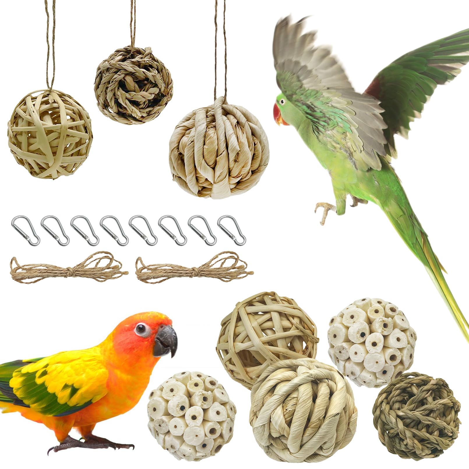 BNOSDM 8PCS Sola Balls Shred Toy Natural Bird Chew Toys Lightweight Conure Foot Toy Interactive Parrot Foraging Toys Bird Chew Balls with Hemp Rope Hook for Budgies Cockatiels Parakeets Senegal