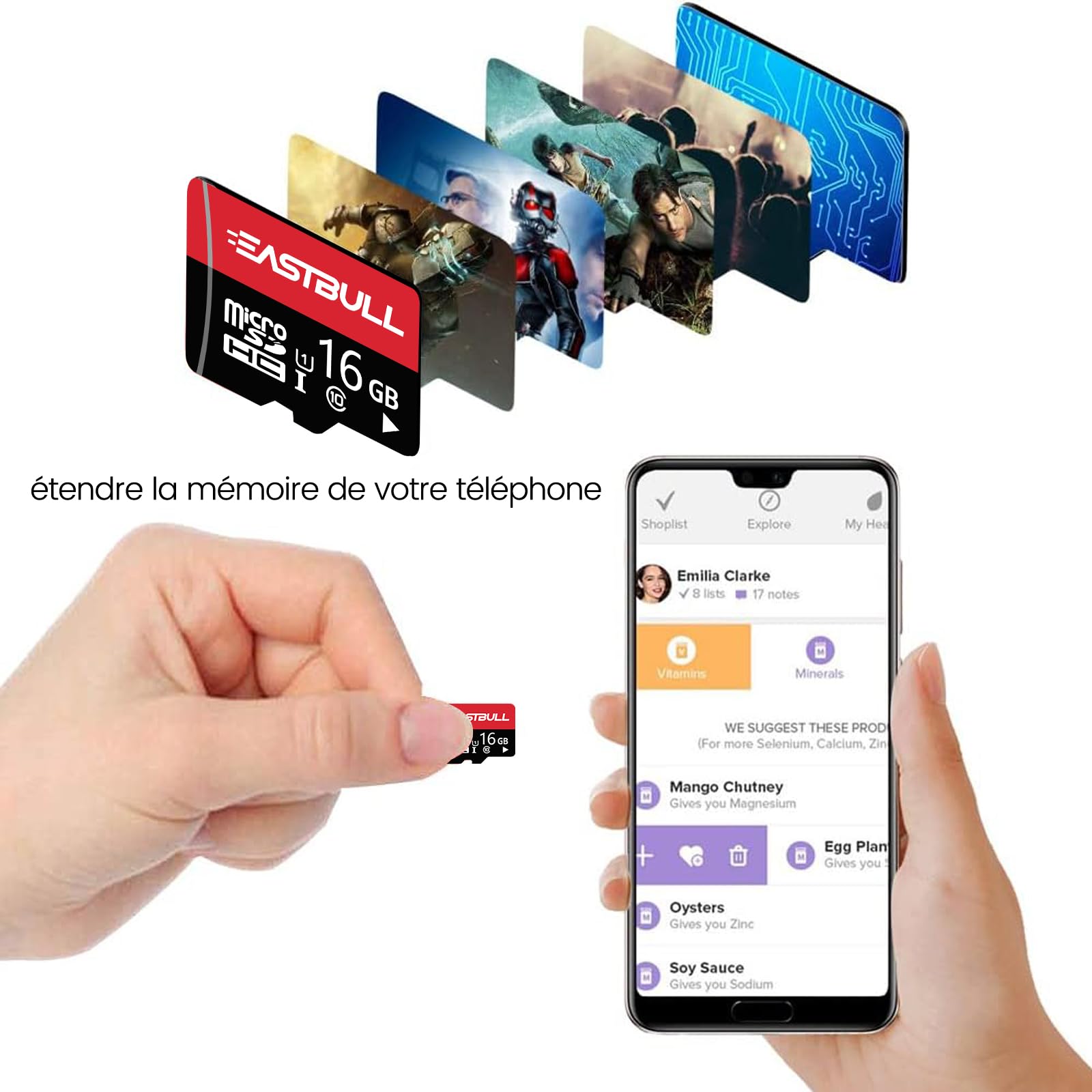 Micro SD 16 Go Lot de 10 Cartes, Cartes mémoire SD EASTBULL 16 Go, vidéo Full HD 90 Mo/s UHS-I U1 Micro SDHC Classe 10 pour caméras de Surveillance (10 unités et 2 adaptateurs)