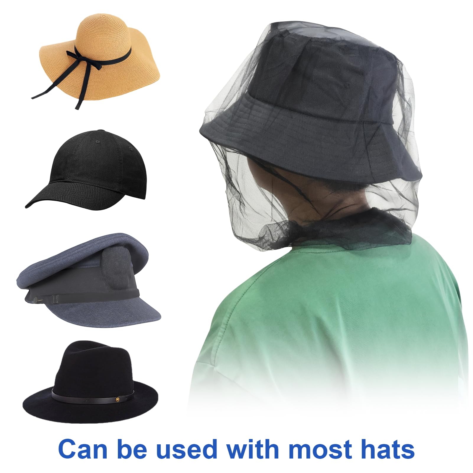 5 pezzi protezione mosche insetti custodia, cappello per antizanzare, cappello con zanzariera, con 1 sacchetto di conservazione, nero, per campeggio, escursionismo, pesca, giardinaggio