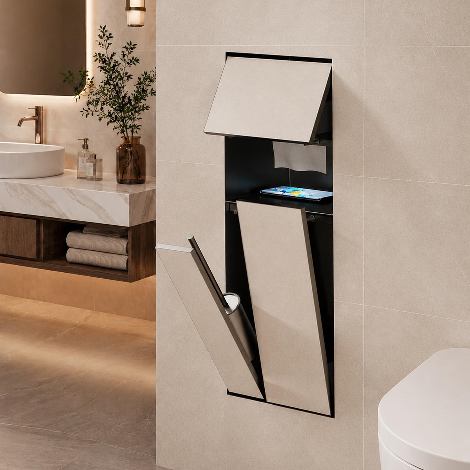 Recessed Toilet Paper Holder, Stainless Steel In-Wall Bathroom Cabinet With Toilet Roll Holder And Open Shelf, Hidden Waste Bin For Bathroom Kitchen Office