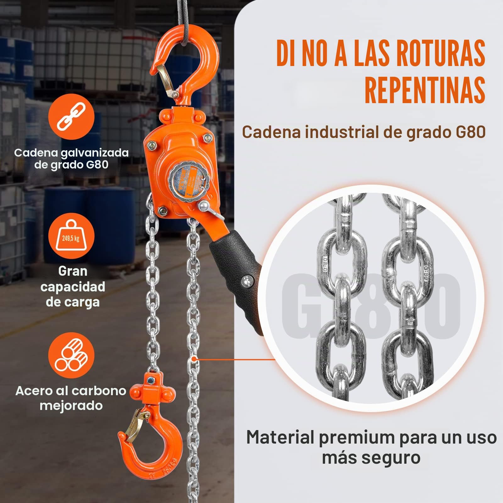 VEVOR Mini Polipasto Manual de Palanca 0,25T Polipasto de Cadena con Carraca Manipulación Elevación 1,4m Acero al Carbono G80 Freno Weston Gancho Guía de Cadena con Doble Carraca 360° para Mercancías