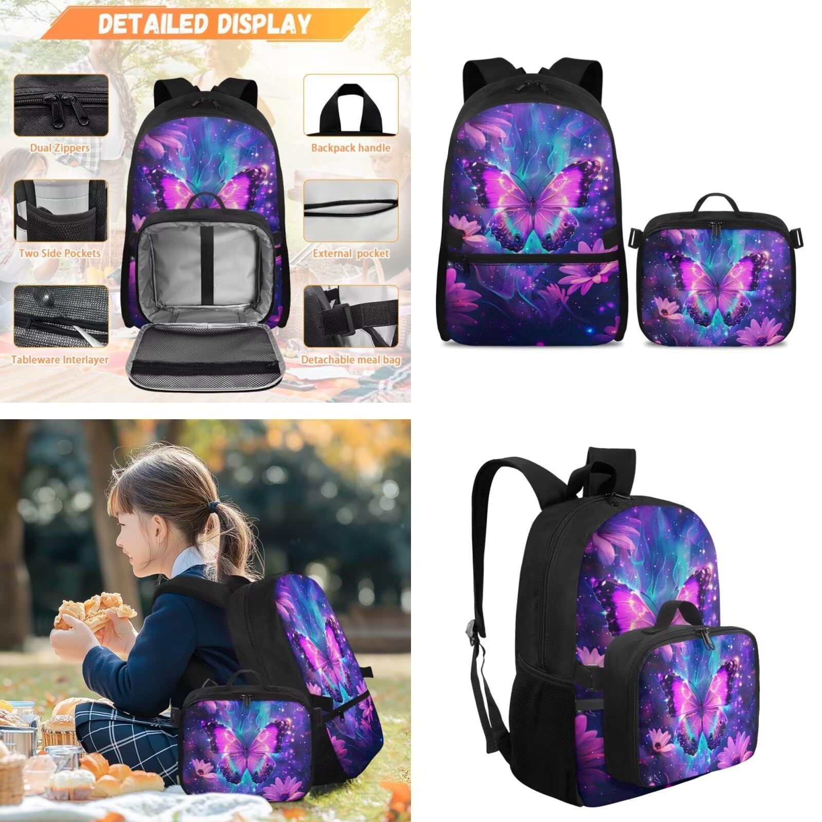 COEQINE Mochila escolar para niños, juego de mochila escolar con fiambrera, estuche para lápices, llavero, bolsa de libros para niñas de 4 a 12 años, Mariposa púrpura galaxia nebulosa, M, Diseñador