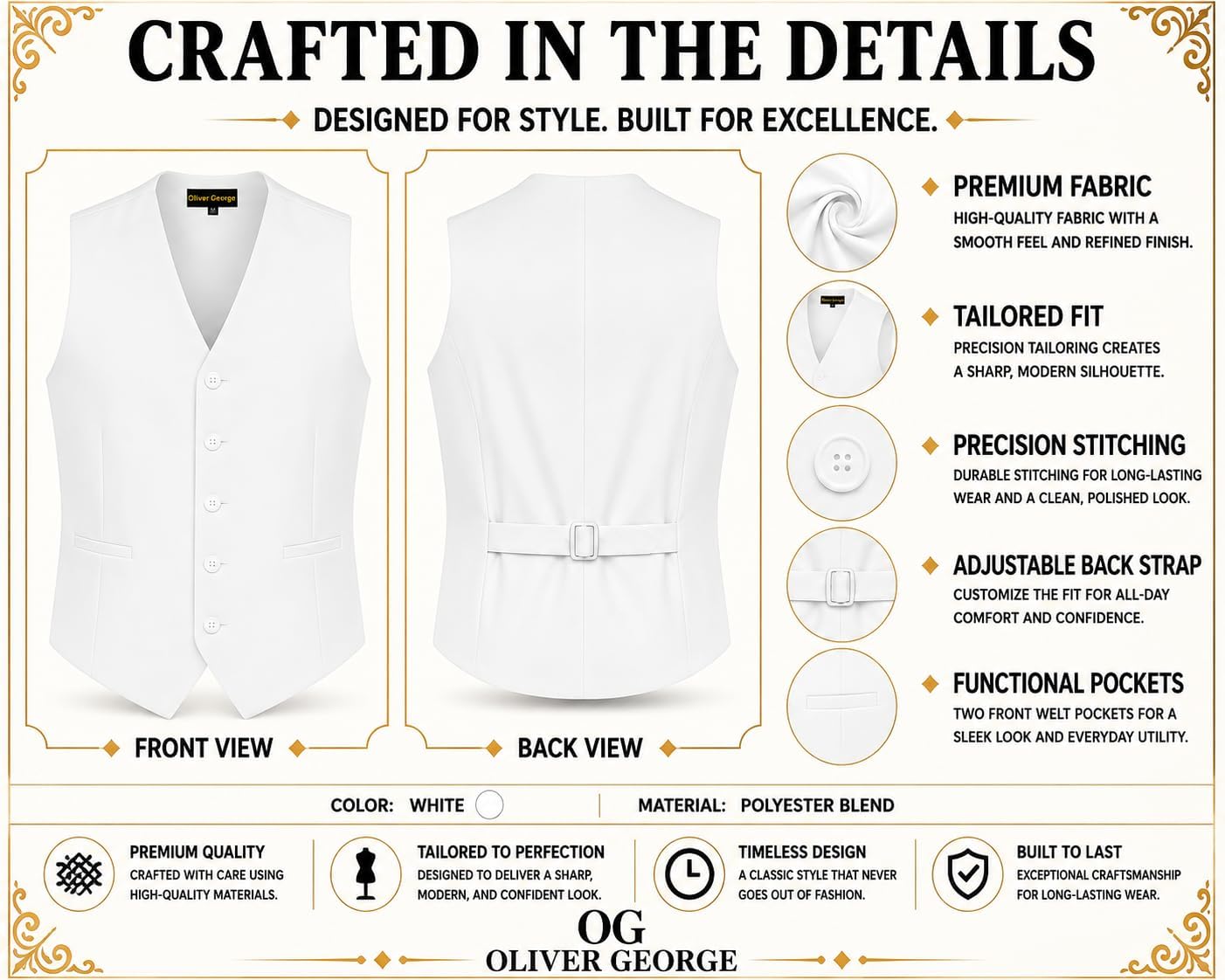 Oliver George Men’s Solid Formal Suit Vest Tuxedo Waistcoat Business Dress Vest For Suit or Tuxedo