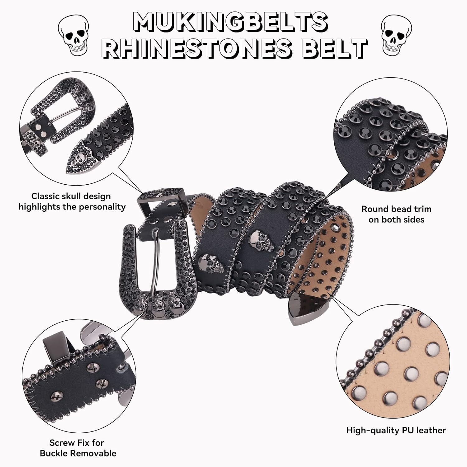 Men Women Rhinestone Belt Western Luxury Strap Studded Skull Diamond Belt Fashion Cowboy Cowgirl Bling Belts - Image 2