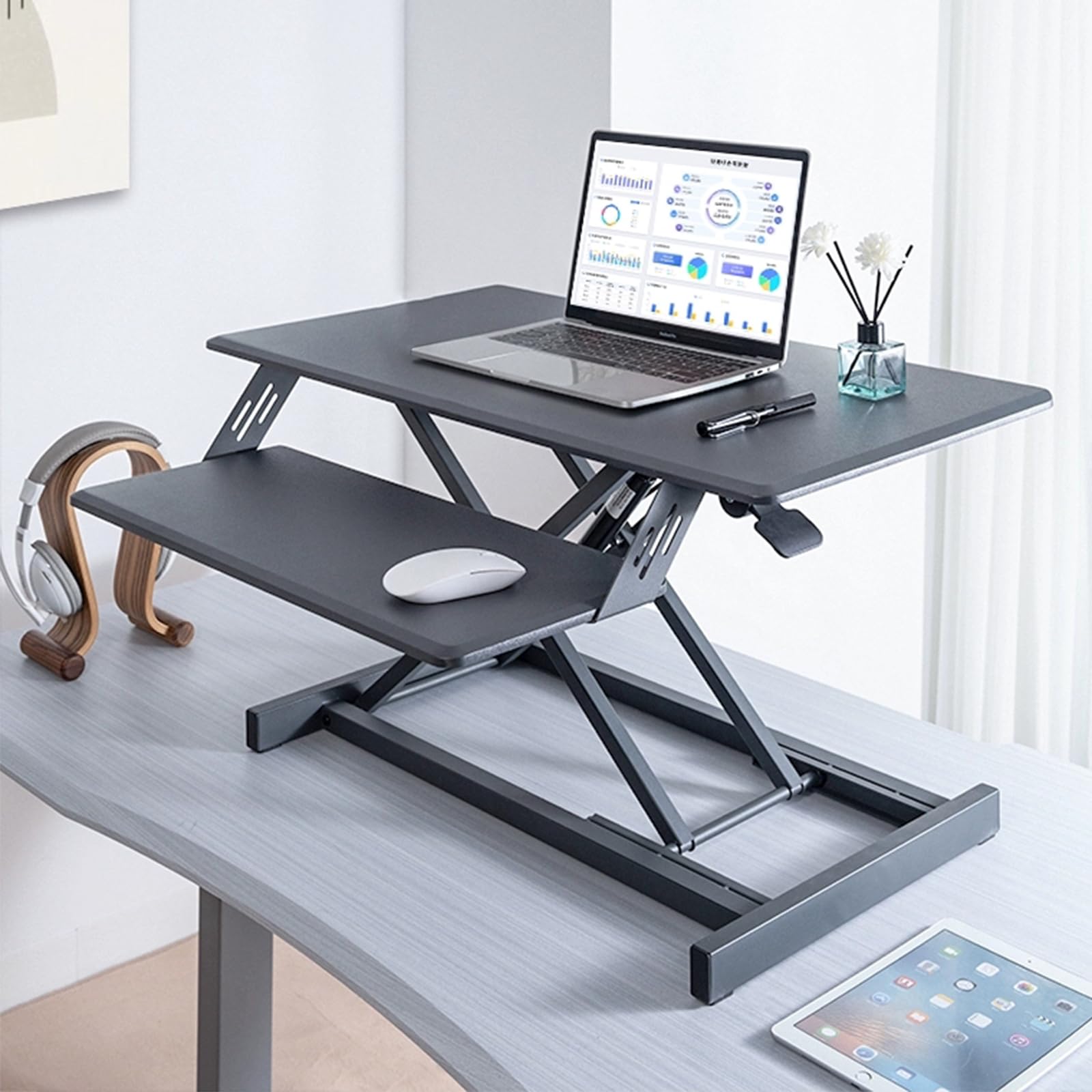 Poste de Travail Assis-Debout - 30'' Station de Travail Debout à Hauteur Facilement Réglable avec Plateau de Clavier, Bureau Assis-Debout et Tableau de Notes jusqu'à 36kg(55cm/21.6in,Grey)