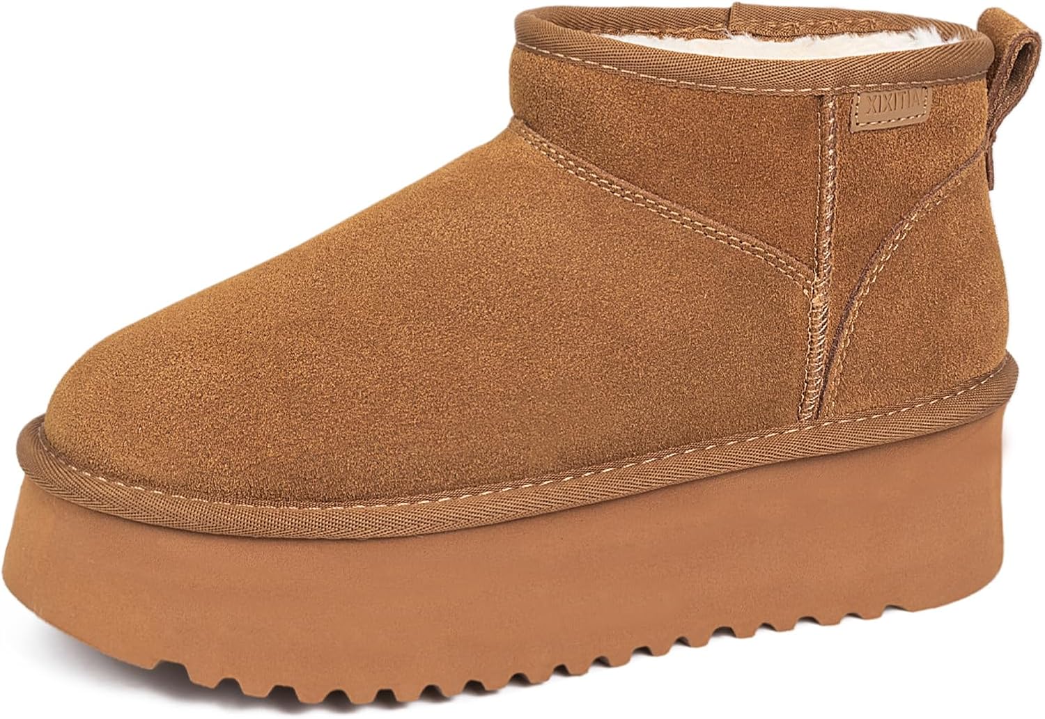 HORMAUWORD Mini Boots for Women,Platform Ankle Snow Boots Womens,Genuine Suede Winter Boots with Cozy Stretch Wool Insole,Anti-Slip Pull-On Short Booties