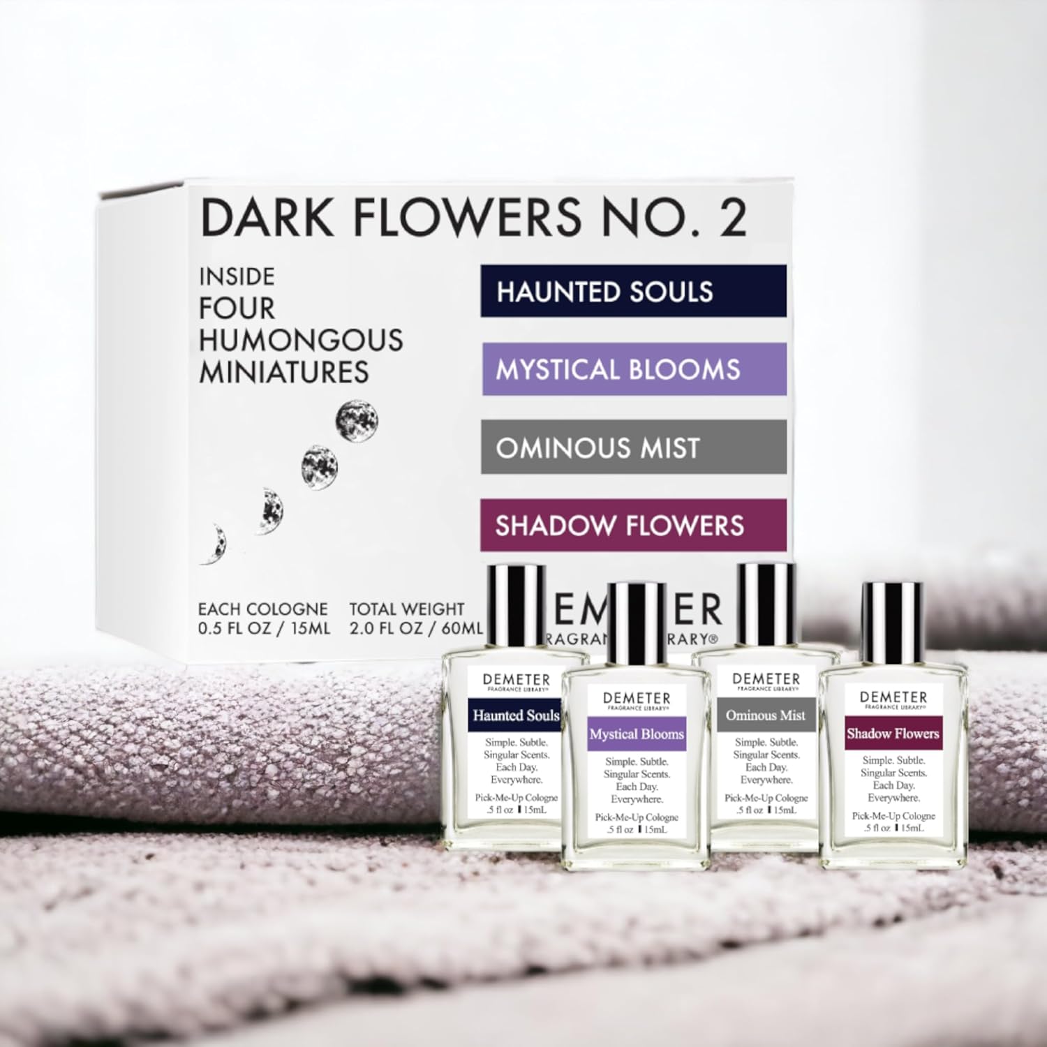 DEMETER Dark Flowers No. 2 Humongous Miniature Set of 4 Colognes, Haunted Souls - Mystical Blooms - Shadow Flowers - Ominous Mist, Perfumes for Women, 0.5 Oz Each - Image 4