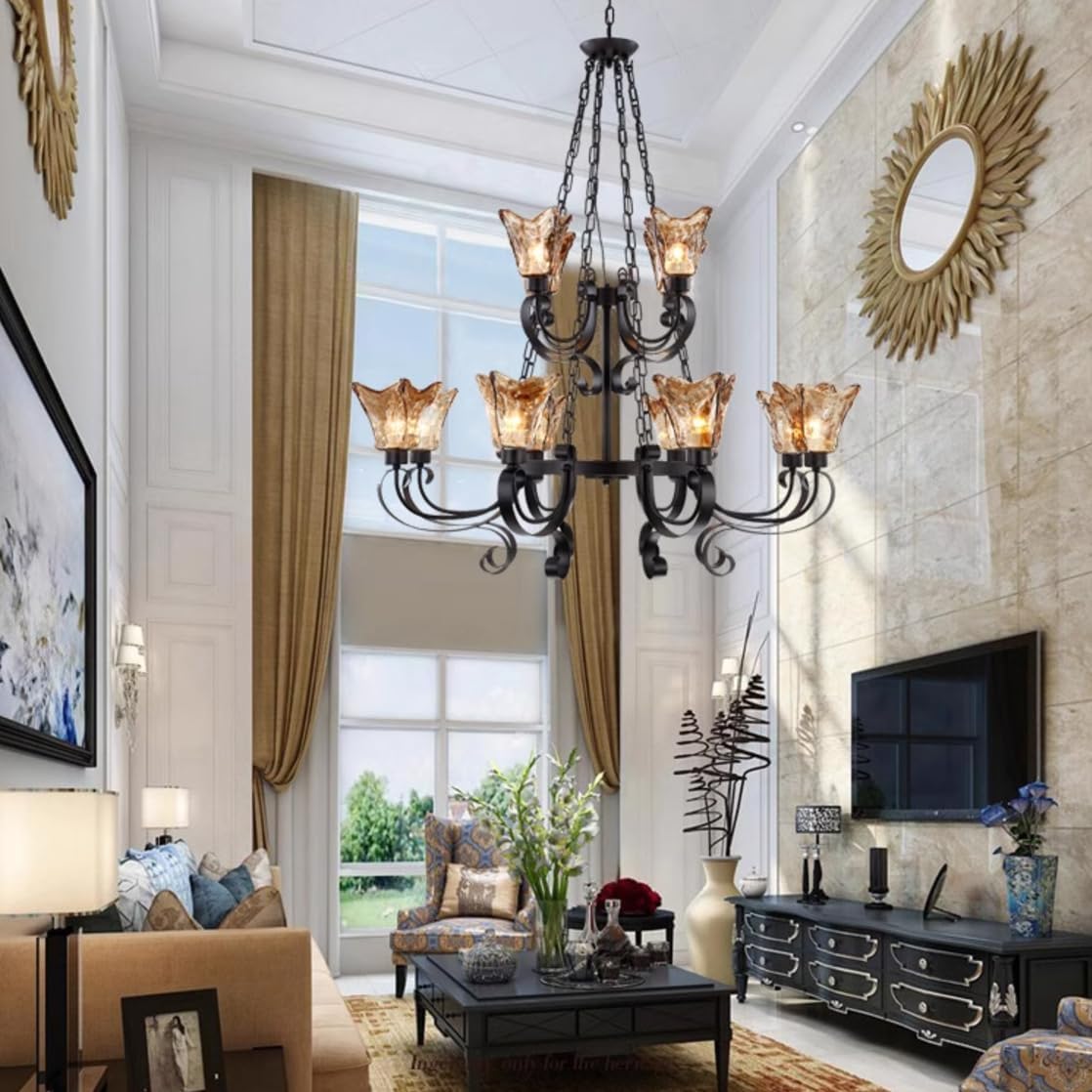 Farmhouse Black Chandelier 2 Tier Amber Hammered Glass Chandelier Rustic 12 Lights Traditional Pendant Ceiling Light with Iron Scroll Arms Living Room Dining Room Light Fixture