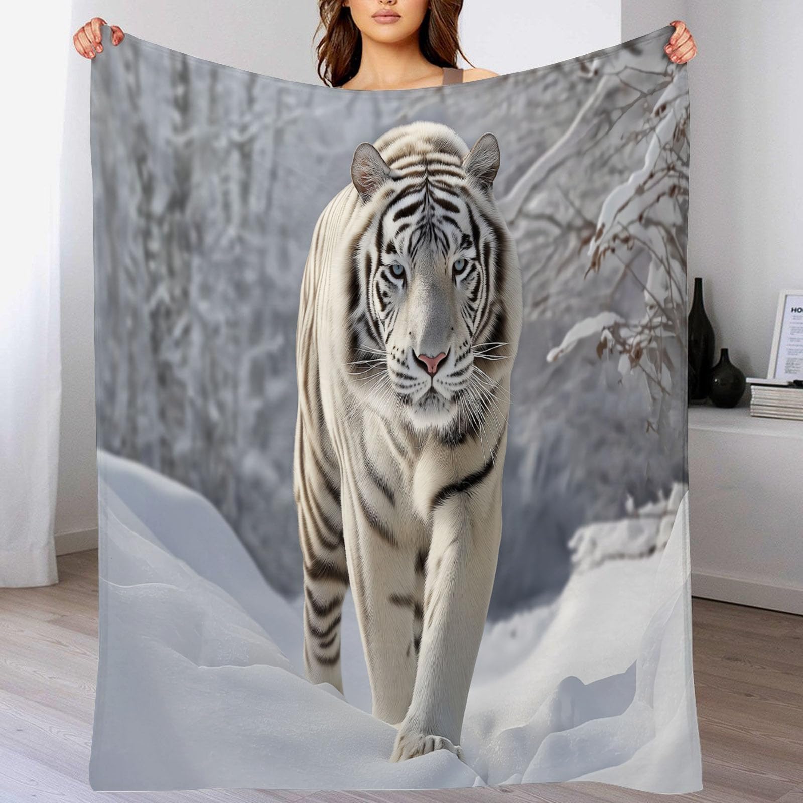 Couverture 3D tigre blanc en flanelle douce idée cadeau enfant adulte