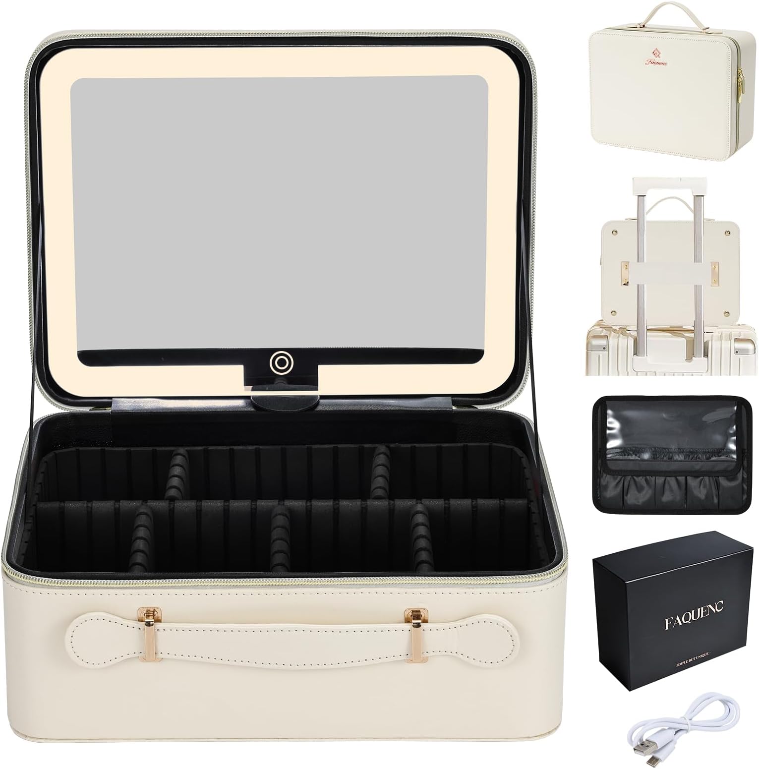 Faquenc Makeup Case with Light Up Mirror Travel Makeup Bag with Led Mirror Portable Cosmetic Case with Brush Holder Dividers, 11.4 Inch White
